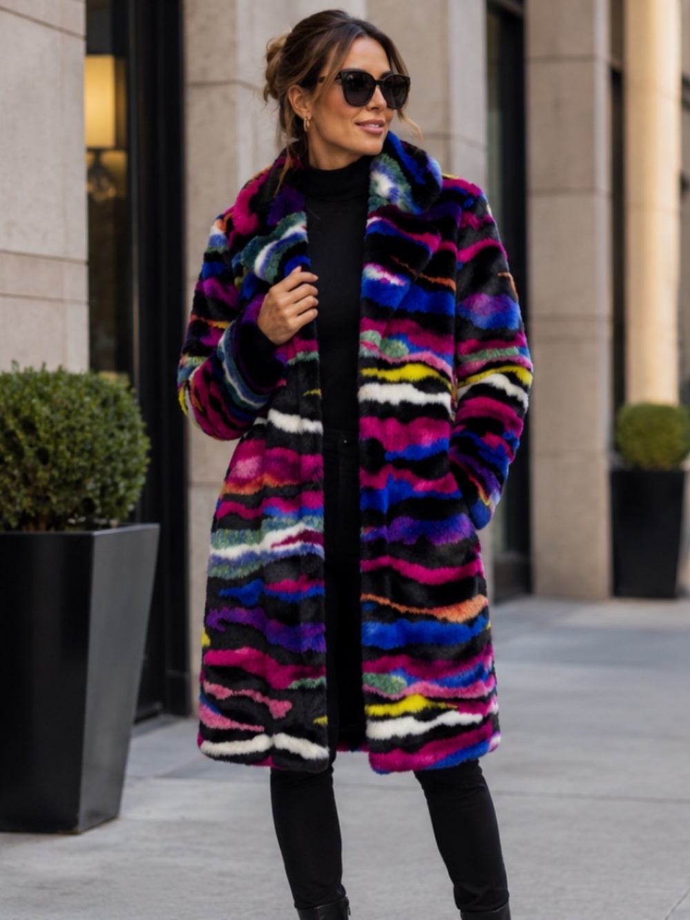Karl Lagerfeld Paris Multicolor Faux Fur Statement Coat Pockets Size L NWT